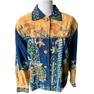 Vintage 90s Elephant Embroidered Denim Jacket Boho Art Southwestern XL